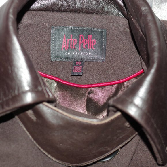 Arte Pelle Collection VTG Brown Wool Leather Trim Belted Pea Coat Women Size:P/S - Picture 4 of 12